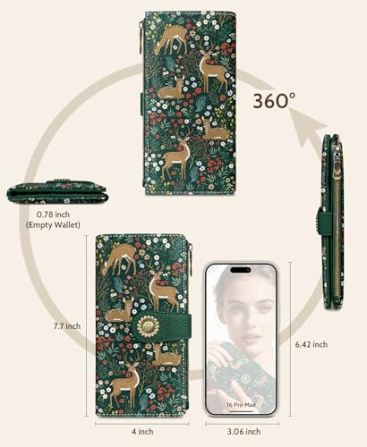 GIANCOMICS Cute Womens Wallet RFID, Flower Forest Credit Card Holder Bifold | Billfold, Cute Cash Purse, Travel Zipper Coin Pocket, Compact Clutch, PU Leather, ID Window, 11 Card Slots, Ladies Gift Woman - color: Cute Deer