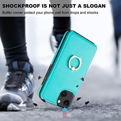 Folosu Compatible with iPhone 14 Case Wallet with Card Holder, 360°Rotation Finger Ring Holder Kickstand, RFID Blocking Leather Protective Double Buttons Shockproof Cover 6.1 Inch Green - color: Mint Green, size: iPhone 14