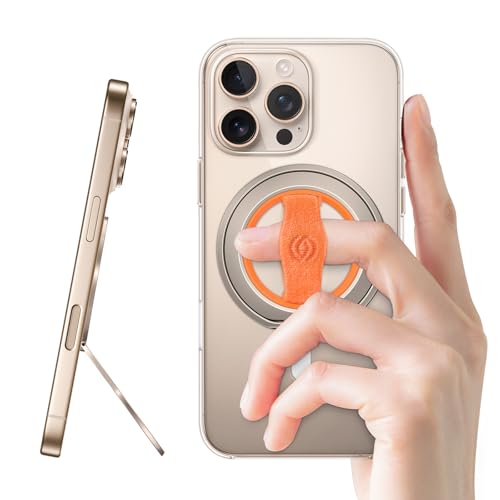 EWA MagOne 3rd Gen [Compatible with MagSafe] Phone Grip Stand with Finger Strap, Removable Magnetic Ring Holder Kickstand Loop for iPhone 17,16,15,14,13,12 Series-(Gold-Orange) - color: Gold-Orange