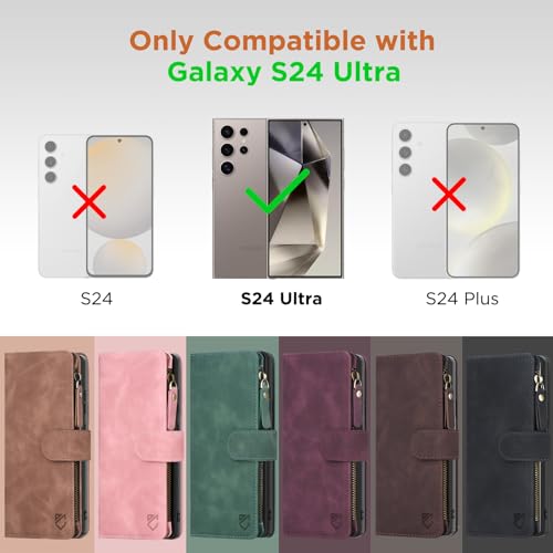 for Samsung Galaxy S24-Ultra-Wallet Case: with RFID Blocking Card Slots (6 Cards) | Soft PU Leather Magnetic Snap Zipper Pocket | Crossbody Wrist Strap Protective Phone Cover - Brown - color: A Brown, size: Galaxy S24 Ultra（6.8‘’）