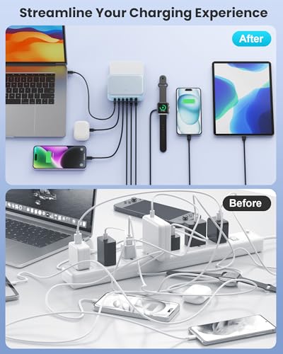 USB C Charger 200W USB Charging Block,6 Ports Foldable Wall Charger Outlet Plug,QC4.0 Fast Charging Station Hub,PD 65W Laptop Adapter for MacBook Pro/Air,Dell,iPhone 17/16/15,Galaxy (Light Blue) - color: Light Blue