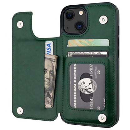 ONETOP for iPhone 13 Wallet Case with Card Holder,Green | Kickstand,ID/Cash Holder,Case Wallet with Card Slots,Double Magnetic Clasp,Durable PU Leather Shockproof Cover for Women Men - color: Green