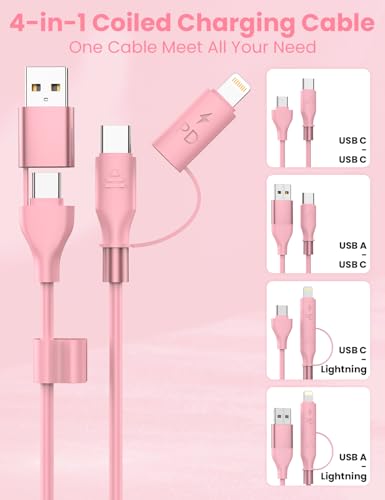 Pink Coiled Car Charging Cable 2-in-1 (USB-C & Lightning), 3FT Cute Car Accessories for iPhone 17/16/15, Samsung Galaxy — Supports Apple CarPlay & Android Auto - color: Pink