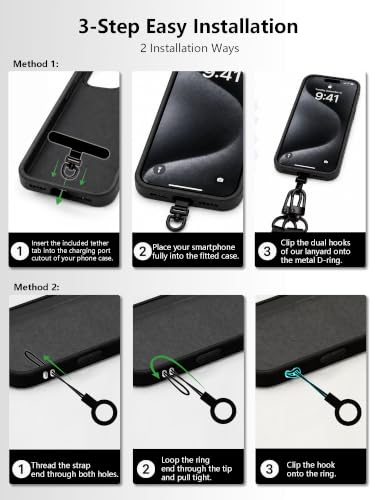 Cell Phone Lanyard Crossbody Built 3 Hooks & Anti-Slip Wrist Strap - color: Black, size: Large: Width 0.98''/Length 36.61'' – 67''