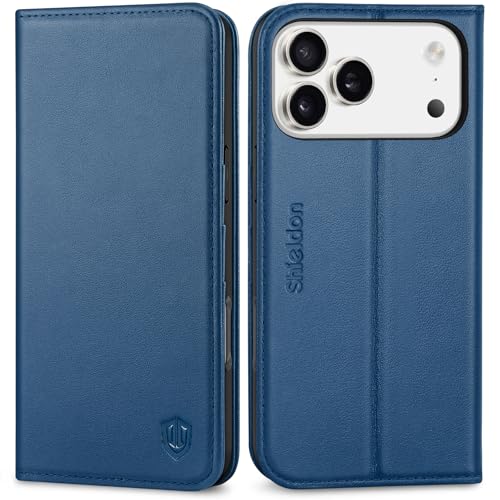 SHIELDON Genuine Leather Case Wallet for iPhone 17 Pro Max 6.9", Royal Blue | Flip Magnetic Cover, RFID Blocking, Credit Card Slot, Kickstand, Book Design, Soft Shockproof Phone Shell - color: Royal Blue