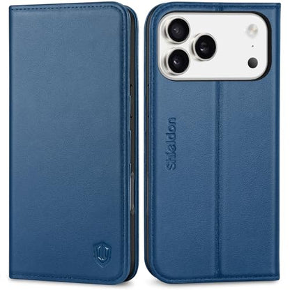 SHIELDON Genuine Leather Case Wallet for iPhone 17 Pro Max 6.9", Royal Blue | Flip Magnetic Cover, RFID Blocking, Credit Card Slot, Kickstand, Book Design, Soft Shockproof Phone Shell - color: Royal Blue
