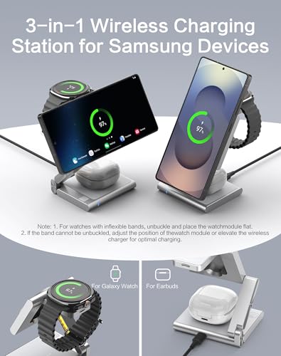 4 in 1 Wireless Charging Station for Samsung, Foldable Aluminum Magnetic Charger with LED Light for Samsung Galaxy S25/Ultra/S24/S23/S22, Galaxy Watch 8/7/6/5, Galaxy Buds/Pro - color: Silver