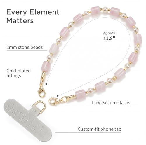 POSADINA Natural Stone Phone Charm, Beaded Healing Phone Wrist Strap, Handmade Cellphone Chain Lanyard with Tether Tab - color: Blush Whisper