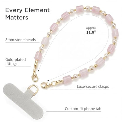 POSADINA Natural Stone Phone Charm, Beaded Healing Phone Wrist Strap, Handmade Cellphone Chain Lanyard with Tether Tab - color: Blush Whisper