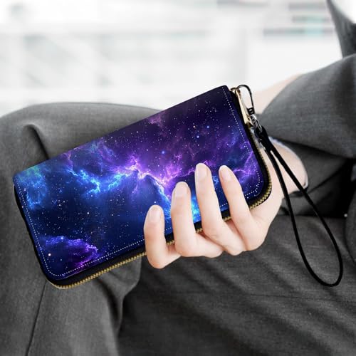 Ladies Wallet,Clutch Purses for Women Wallets Leather Credit Card Holder for Women Wristlet Slim Small Cute with Zipper,Thin RFID Blocking with Wrist Strap,Blue Purple Galaxy - color: Blue Purple Galaxy