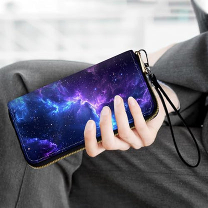 Ladies Wallet,Clutch Purses for Women Wallets Leather Credit Card Holder for Women Wristlet Slim Small Cute with Zipper,Thin RFID Blocking with Wrist Strap,Blue Purple Galaxy - color: Blue Purple Galaxy