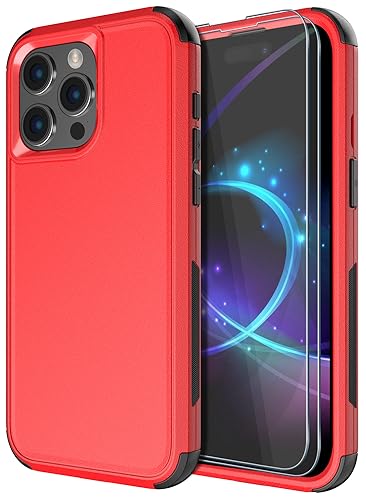 Diverbox for iPhone 15 Pro Case [Shockproof] [Dropproof] [Tempered Glass Screen Protector ],Heavy Duty Protection Phone Case Cover for Apple iPhone 15 Pro 6.1 inch (Red) - color: Red