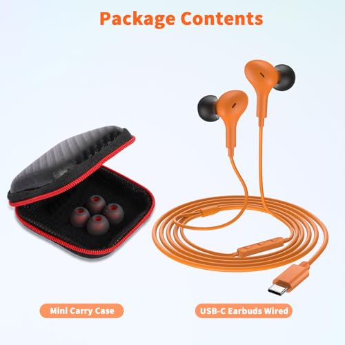USB C Headphones Wired Earbud for iPhone 18 Pro Max 17 16 15,0range - color: Orange
