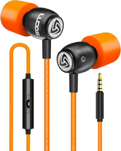 LUDOS Clamor Wired Earbuds in-Ear Headphones, 5 Years Warranty, Earphones with Microphone, Noise Isolating Ear Buds, Memory Foam for iPhone, Samsung, School Students, Kids, Women, Small Ears - Orange - color: Orange, style: 3.5 mm