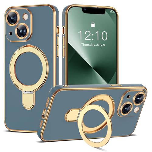 Compatible with iPhone 13 Case with Magnetic Ring Stand [Compatible with Mag-Safe] [Full Camera Lens Protector] Soft Plating Phone Case for iPhone 13 6.1", Grey Blue - color: Grey Blue, size: Iphone 13