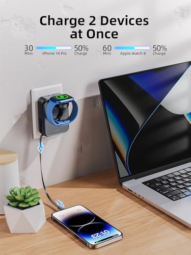 for Apple Watch Charger Block, 2 in 1 Wall Charger with Built-in Retractable Charging Cable, Travel Foldable Plug Power Adapter Compatible with iPhone iWatch (Black)