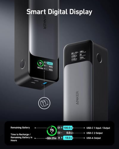 Anker 737 Power Bank, 140W 24,000mAh 3-Port Laptop Charger, Smart Display