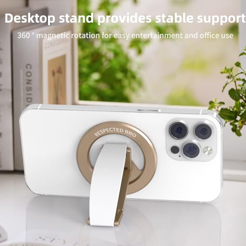 RESPECTED-BRO-Magnetic-Phone-Grip-Stand, Magnetic Phone Ring Holder Kickstand with Silicone Finger Strap, Compatibility for iPhone 17/16/15/14/13/12, Android, and More (White) - color: White