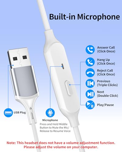 USB Earbuds with Microphone for PC Laptop,USB A Headphones,White - color: White