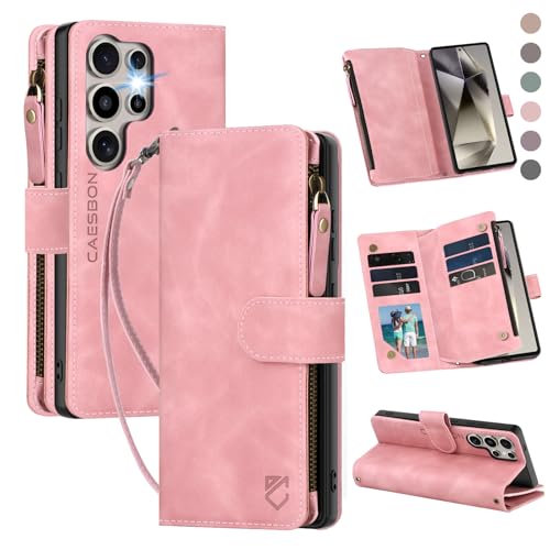 for Samsung Galaxy S24-Ultra-Wallet Case: with RFID Blocking Card Slots (6 Cards) | Soft PU Leather Magnetic Snap Zipper Pocket | Crossbody Wrist Strap Protective Phone Cover - Pink - color: Pink, size: Galaxy S24 Ultra（6.8‘’）