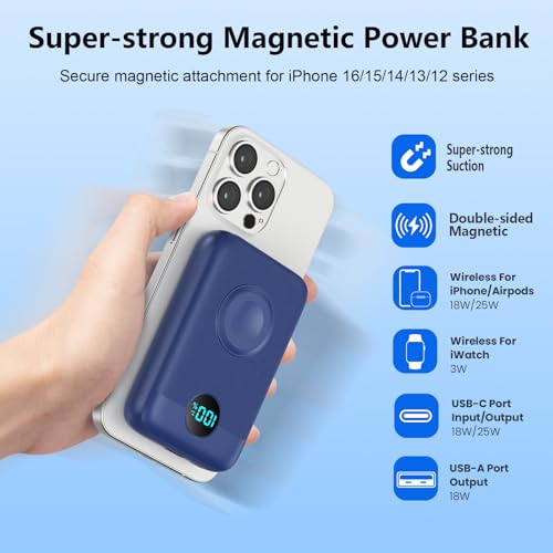 Magnetic Portable Charger for iPhone & iWatch,10800mAh 25W PD Fast Charging USB C Power Bank,4 Output Dual-Side Magnet Travel Essentials Battery Pack for iPhone 17/Air/16/15/14/13/12 Series (Blue) - color: Blue