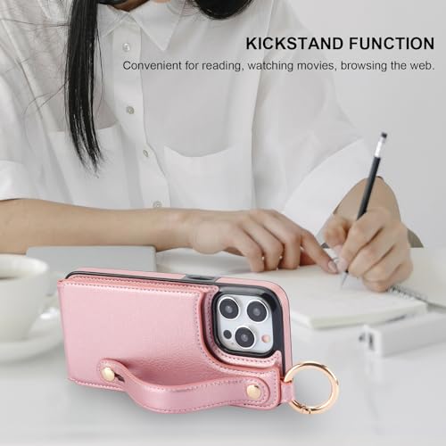 Folosu for iPhone 15 Pro Max Wallet Case with Card Holder, Hand Wrist Strap Loop Holder Kickstand, RFID Blocking Finger Grip Ring PU Leather Double Buttons Shockproof Cover 6.7" Rose Gold - color: Rose Gold