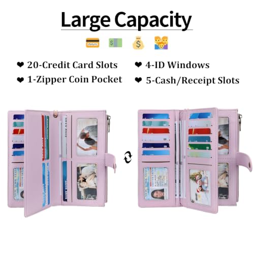GAEKEAO Wallets for Women Leather RFID Blocking Large Capacity Card Case Ladies Wristlet Clutch Wallets Zipper Pocket with 4 ID Windows 21 Card Slots - color: Purple