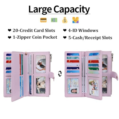GAEKEAO Wallets for Women Leather RFID Blocking Large Capacity Card Case Ladies Wristlet Clutch Wallets Zipper Pocket with 4 ID Windows 21 Card Slots - color: Purple