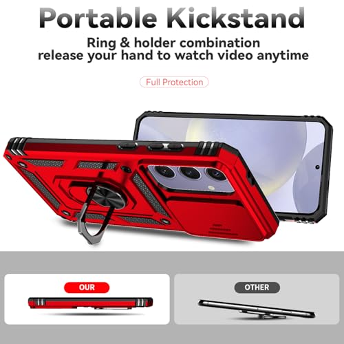 for Samsung Galaxy S24 FE Case with Camera Lens Cover HD Screen Protector, Dual Layer Military-Grade Drop Tested Magnetic Ring Holder Kickstand Protective Phone Case for Galaxy S24 FE (Red) - color: Red with camera cover Military-Grade 2nd gen