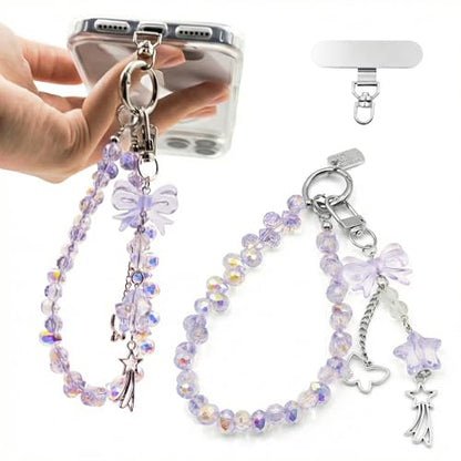 Crystal Beaded Phone Wrist Strap, Cute Cellphone Lanyard Chain, Bow Keychain Wristlet Bag Charms for Women - color: Purple