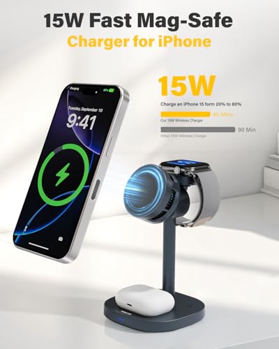 3 in 1 Wireless Charging Station for Apple MagSafe Charger Stand,15W Fast Phone and Watch Charger with TEC Cooling, Magnetic Wireless Charger for iPhone17 16 15 14 13, Apple Watch, AirPods, Gray