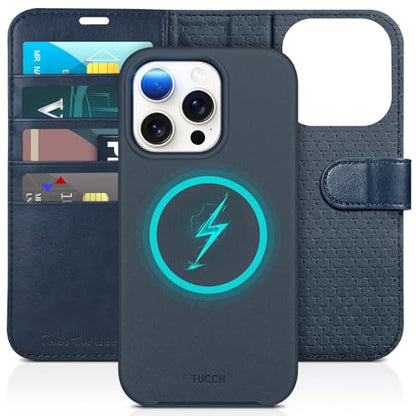 TUCCH Detachable 2-in-1 Case Wallet for iPhone 15 Pro 6.1" 2023, Dark Blue | 4 Card Slots, RFID Blocking, Wireless Charging, Viewing Stand, PU Leather, Shockproof TPU, Magnetic, Flip Cover - color: Dark Blue (2-in-1 Detachable)