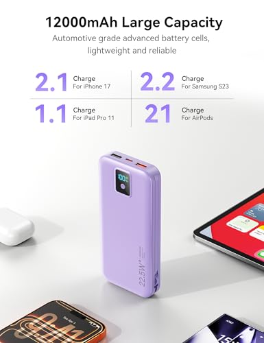 Portable Charger 12000mAh 22.5W w/Built-in Cable & Wall Plug Purple - color: Purple