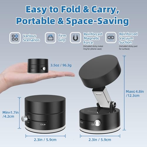 Vacuum Magnetic Phone Holder with Metal Ring Compatible with iPhone 17 All Phone, Portable Universal Collapsible Magnetic Phone Stand, Car Mount with Strong Suction Cup - color: Deep black