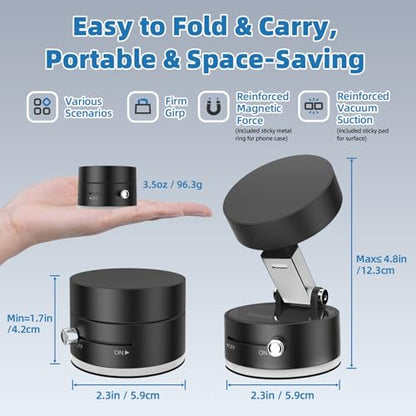 Vacuum Magnetic Phone Holder with Metal Ring Compatible with iPhone 17 All Phone, Portable Universal Collapsible Magnetic Phone Stand, Car Mount with Strong Suction Cup - color: Deep black