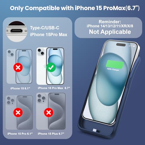 Battery Case for iPhone 15 Pro Max,Powerful 8600mah Ultra-Slim Protective Charging Case,15W Fast Charging Portable Rechargeable Expandable Battery Charger Cover for iPhone 15 Pro Max(6.7inch)-Blue - color: Blue