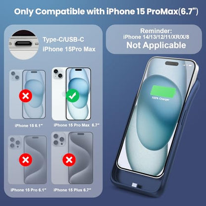 Battery Case for iPhone 15 Pro Max,Powerful 8600mah Ultra-Slim Protective Charging Case,15W Fast Charging Portable Rechargeable Expandable Battery Charger Cover for iPhone 15 Pro Max(6.7inch)-Blue - color: Blue