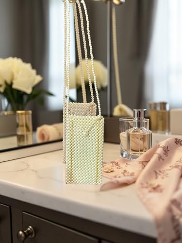 Pearl Beaded Phone Crossbody Bag, White and Gold, Handmade Beaded Purse with Shoulder Strap