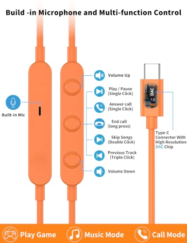 USB C Headphone for Samsung S26 S25 FE S24 A16 A17 Z Wired Earbuds Magnetic - color: Oragne