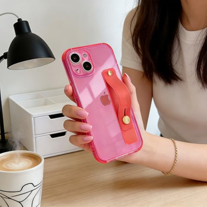 Strap Case for iPhone 13 with Stand, Neon Magenta | Wrist Strap Kickstand, Adjustable Finger Hand Grip Loop, Slim Transparent Anti-Scratch Back, Soft Bumper Phone Cover - color: Neon Magenta, size: iPhone 13
