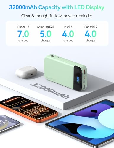 Phone Battery Bank 32000mAh 22.5W w/Built-in Cables & USB C Fast Charging - color: Green