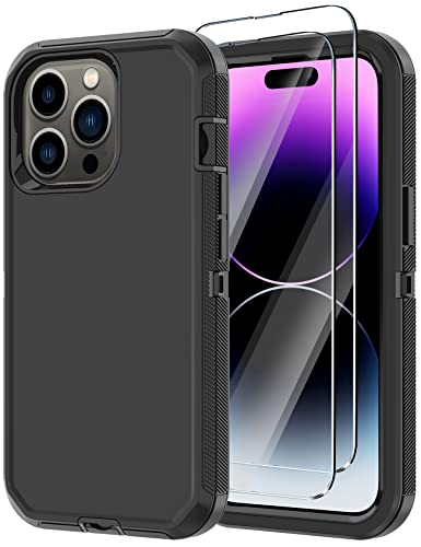 for iPhone 14 Pro Case with 2 Screen Protector, Heavy Duty Drop Protection Shockproof Full Body 3-Layer Military Rugged Durable Protective Cover for Apple iPhone 14 Pro 6.1" (Black) - color: Black