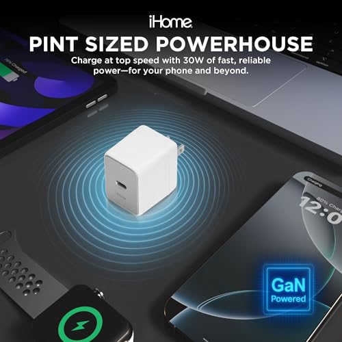 iHome GaN Universal USB-C Charger Block, Power Delivery, Folding Prongs, Compact Travel Design for Phones, Tablets & USB-C Devices (White, 30W) - color: White, size: 30W