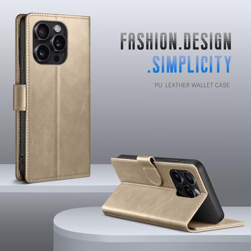 Wallet Case for iPhone 15 Pro Max 6.7", Golden | RFID-Blocking Card Holder, Kickstand, Magnetic Closure, PU Leather Folio Flip Cover, Protective Women Men Cases - color: Golden, size: iPhone 15 Pro Max