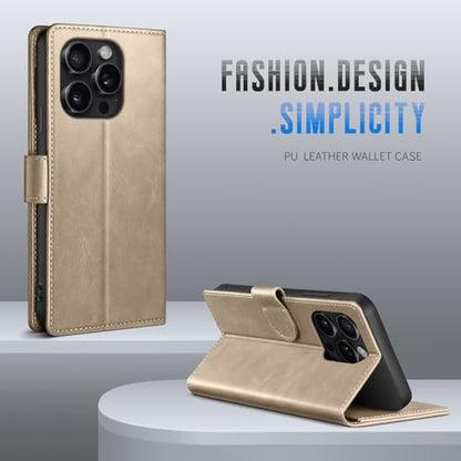 Wallet Case for iPhone 15 Pro Max 6.7", Golden | RFID-Blocking Card Holder, Kickstand, Magnetic Closure, PU Leather Folio Flip Cover, Protective Women Men Cases - color: Golden, size: iPhone 15 Pro Max