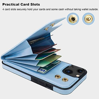 Folosu Compatible with iPhone 14 Case Wallet with Card Holder, 360°Rotation Finger Ring Holder Kickstand, RFID Blocking Leather Protective Double Buttons Shockproof Cover 6.1 Inch Blue - color: Blue, size: iPhone 14