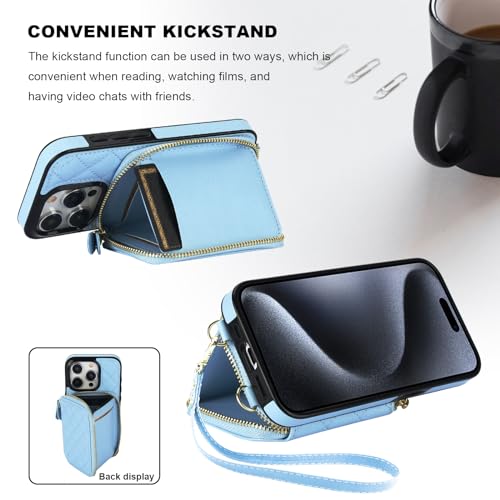 Bocasal Crossbody Wallet Case Card Holder for iPhone 15 Pro, Light Blue | RFID Blocking PU Leather Zipper Handbag Purse, Kickstand Flip Folio Case with Card Slots Holder Wrist Strap Lanyard 6.1 Inch - color: Blue
