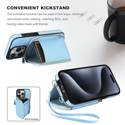 Bocasal Crossbody Wallet Case Card Holder for iPhone 15 Pro, Light Blue | RFID Blocking PU Leather Zipper Handbag Purse, Kickstand Flip Folio Case with Card Slots Holder Wrist Strap Lanyard 6.1 Inch - color: Blue