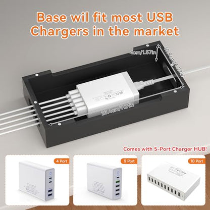 Bamboo Charging Station with 5 Port Charger HUB & 5 Cables-Black - color: Black