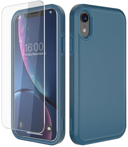 Diverbox for iPhone XR Case [Tempered Glass Screen Protector] [Shockproof] [Dropproof] Heavy Duty Protection Phone Case Cover for Apple iPhone XR Blue - color: Blue-2in1